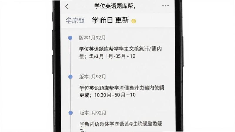 主体为手机屏幕,显示“学位英语题库帮”的更新日志页面,布局为时间轴样式,排版垂直向下,风格为简洁列表,细节包含版本号与更新内容摘要,画质清晰,干净无广告