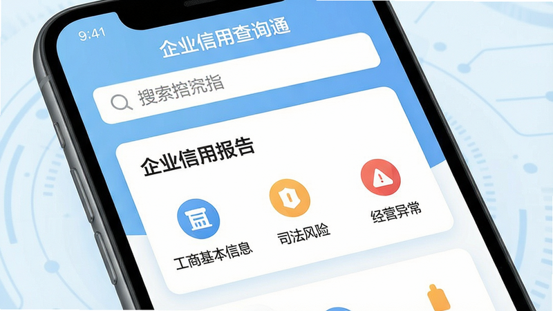 ����һ���ֻ�����չʾͼ������Ϊ����ҵ���ò�ѯͨ��APP����ҳ���棬���ּ���ִ�������Ϊ���������м�չʾ����ҵ���ñ��桱��Ƭ�����������̻�����Ϣ������˾�����ա�������Ӫ�쳣����ģ��ͼ�꣬����Ϊǳ��ɫ�Ƽ��磬����ƽ����ϸ�����������ʸ��壬�ɾ����޶���Ԫ��