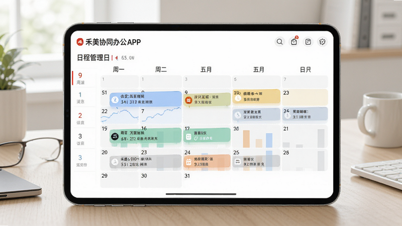 ��������չʾ������Эͬ�칫APP���ճ̹���ҳ�棬��ʾ�����ճ̰��ţ��ص����������ʾ������Ϊ���ŵİ칫���棬������Ȼ���������࣬����ʱ��������������Ч��������Ⱦ