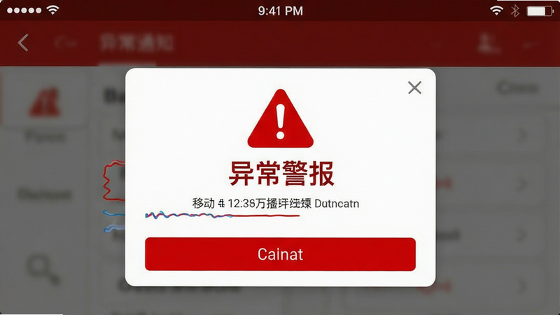 主体为报警通知弹窗界面,布局为顶部状态栏与中部红色警示图标,排版醒目,风格警示红白配色,细节包含移动侦测轨迹线与时间记录,画质清晰,干净,无多余元素,文字标注“异常警报”