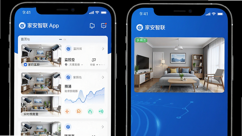 主体为家安智联App的手机界面展示,布局清晰展示首页监控列表与实时画面预览,排版简洁现代,风格科技感蓝色调,细节包含清晰的摄像头图标与状态栏,画质高清,干净,无多余元素,文字标注“家安智联”