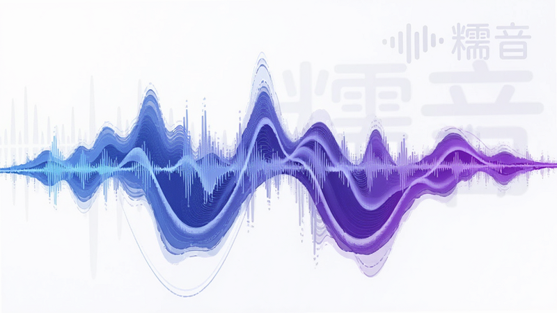 主体为抽象的声波可视化图形,布局呈流动状,色彩以蓝紫渐变为主,排版动态感强,风格为科技感插画,细节处表现声音的波动频率,画质细腻,干净,无多余元素,背景隐约显示“糯音”Logo