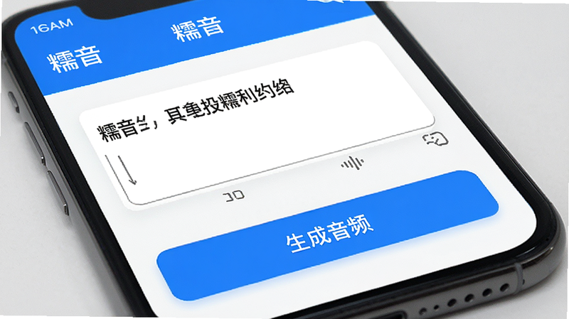主体为手机屏幕显示糯音APP界面,布局简洁清新,顶部导航栏清晰,中间是大面积白色背景配黑色文字输入框,底部有醒目的蓝色“生成音频”按钮,风格为扁平化UI设计,细节处体现科技感,画质高清,干净无多余元素,文字“糯音”清晰可见