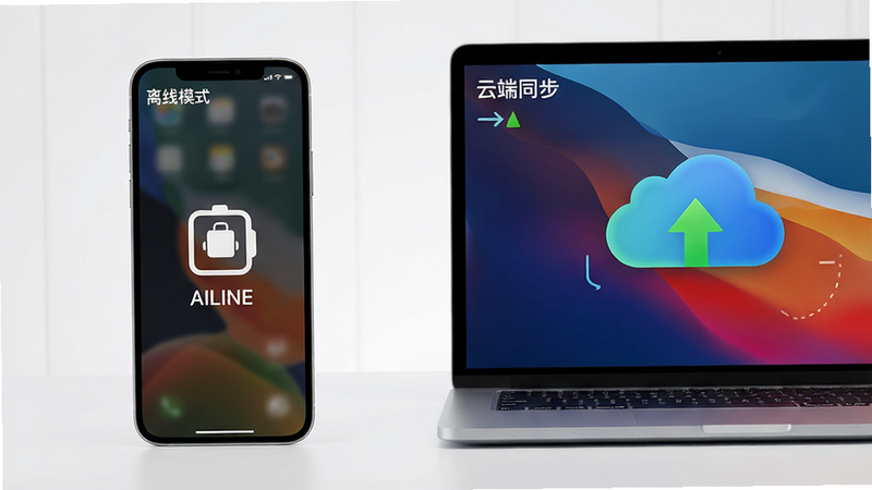 主体为手机与笔记本并排展示,布局对比鲜明,左侧手机显示离线图标,右侧电脑显示云端同步状态,排版对称平衡,风格为写实产品摄影,细节处体现屏幕发光的质感,画质逼真,干净,无多余元素,文字“离线模式”在屏幕角落