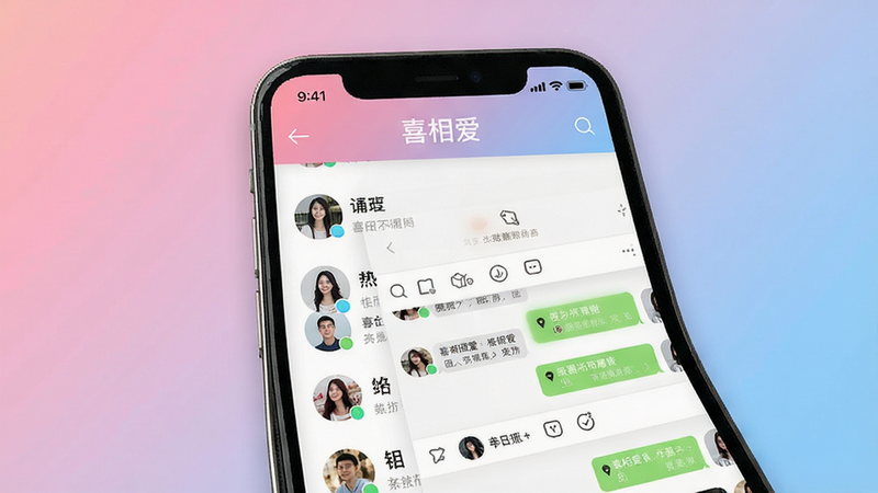 һ��չʾϲ�మApp������ĸ����ͼ������Ϊ�ֻ���Ļ������Ϊ��͵ķ���ɫ���䣬ͻ���������ơ�ϲ�మ��λ�ڶ������������·���ʾ�û�ͷ���б������촰��Ԥ�����������ִ���Լ�������������޶���װ��Ԫ�أ��ɾ����䡣
