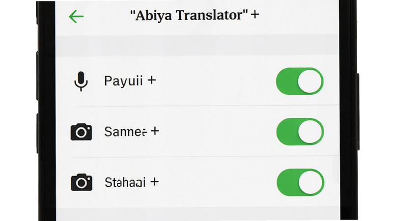 ����Ϊ�ֻ����ý����ͼ����ʾ Abiya Translator ��Ȩ�޹���ҳ�棬��˷硢������洢Ȩ�޿��ؾ�Ϊ����״̬������Ϊ��ɫ�������������Ű��࣬���ϵͳԭ����ϸ�ڴ�����ɫ�Թ�ͼ�꣬�����������ɾ����޶���Ԫ�أ��������������ʾΪ Abiya Translator Ȩ��
