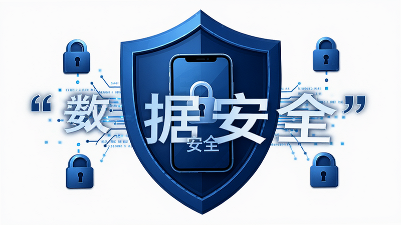 主体为数据安全防护概念图,布局展示盾牌图标包裹着手机屏幕,排版对称稳重,风格为深蓝科技风,细节包含锁形图标、数据流线条及“安全”字样,画质高清,干净无杂乱背景,文字加引号标注“数据安全”,整体传达可靠、专业的品牌形象
