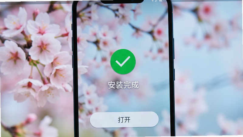 手机屏幕显示安卓系统安装界面,中间有一个绿色的对勾图标表示安装成功,背景是模糊的樱花图案,界面文字清晰显示“安装完成”,下方有“打开”按钮,整体色调柔和,科技感与清新感结合,高清无噪点