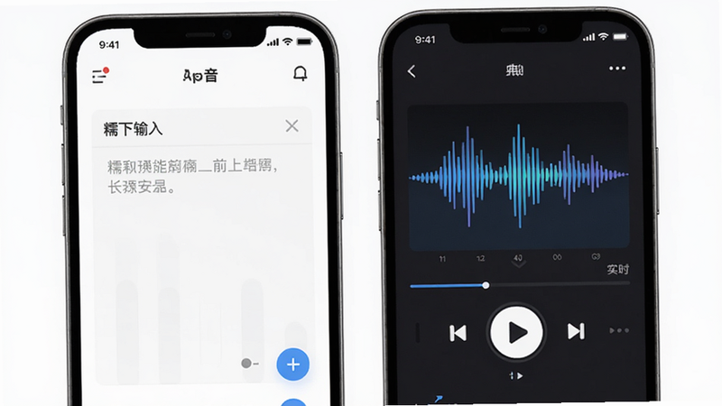 主体为糯音APP界面展示,布局清晰,左侧显示文本输入区,右侧为实时波形图与播放控件,排版采用扁平化设计,风格现代简约,细节处体现科技感,画质高清,干净,无多余元素
