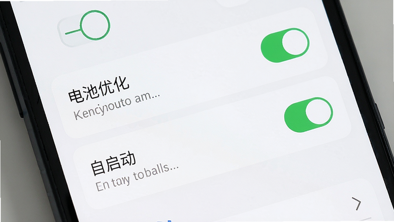 主体为手机设置界面,布局聚焦于应用管理页面,排版清晰,风格扁平,细节显示“电池优化”与“自启动”选项被开启,画质清晰,干净,无多余元素