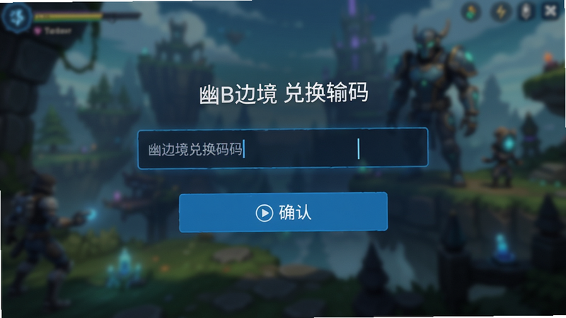 幽蓝边境兑换码输入界面,主体为输入框与确认按钮,背景为游戏场景模糊处理,布局简洁,风格为现代UI,细节展示输入光标,画质清晰,干净,无多余元素