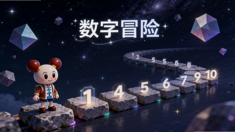 主体为游戏场景,布局展示一条由数字石块铺成的路径,比米布角色站在起点,背景是星空和漂浮的几何图形,排版引导视线从左至右,风格梦幻科幻,细节包括发光的数字