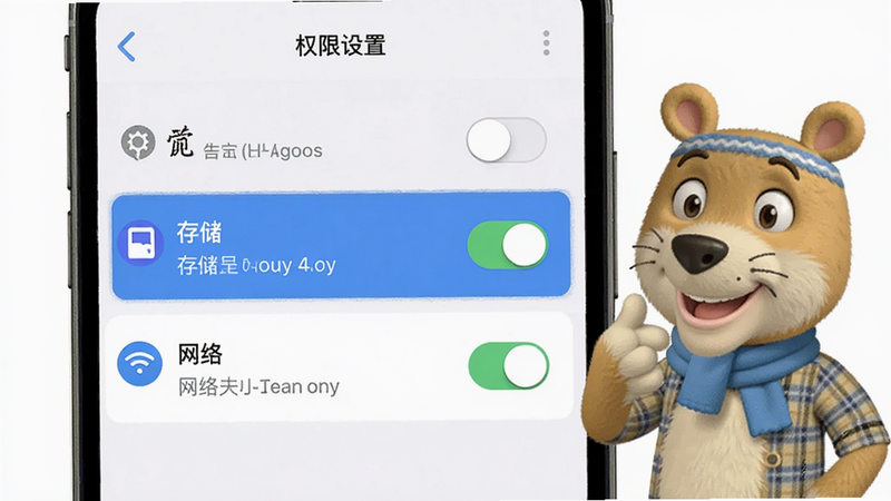 主体为手机设置界面,布局显示权限管理列表,高亮显示