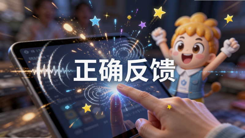 主体为交互瞬间,布局中心是手指点击屏幕的动作,周围爆发出发光粒子效果,比米布角色欢呼,背景虚化,排版聚焦于中心动作,风格动感活力,细节包括声波波纹和星星特效,画质高亮,干净,文字