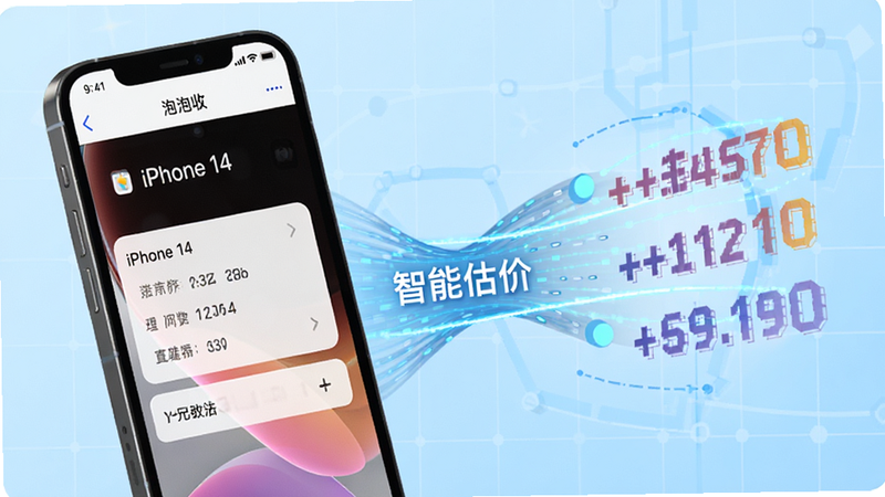 展示“泡泡收”APP估价流程的示意图,画面左侧为手机屏幕,显示输入“iPhone 14”等参数,右侧显示动态更新的报价数字,背景为浅蓝色科技感网格,中间有连接两者的数据流光线,文字标注“智能估价”,风格扁平化,色彩明亮,细节清晰,高分辨率