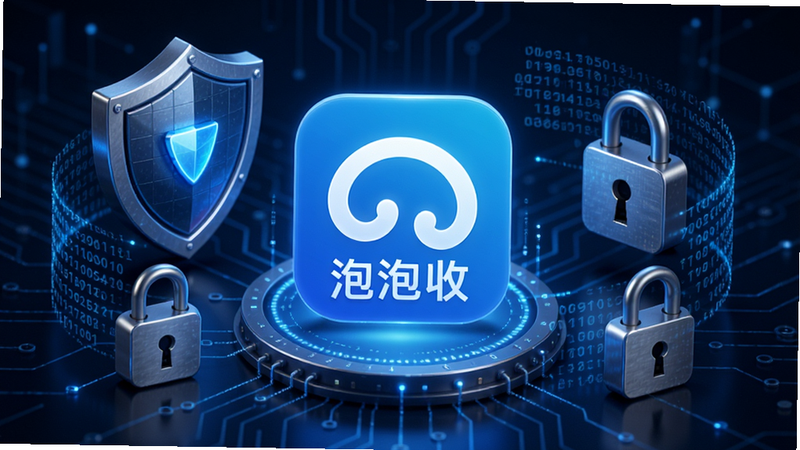 展示数据安全防护概念的示意图,画面中央为“泡泡收”APP图标,周围环绕着盾牌、锁具和加密代码流,背景为深蓝色科技风格,象征安全与可靠,细节丰富,高清质感,无杂乱元素