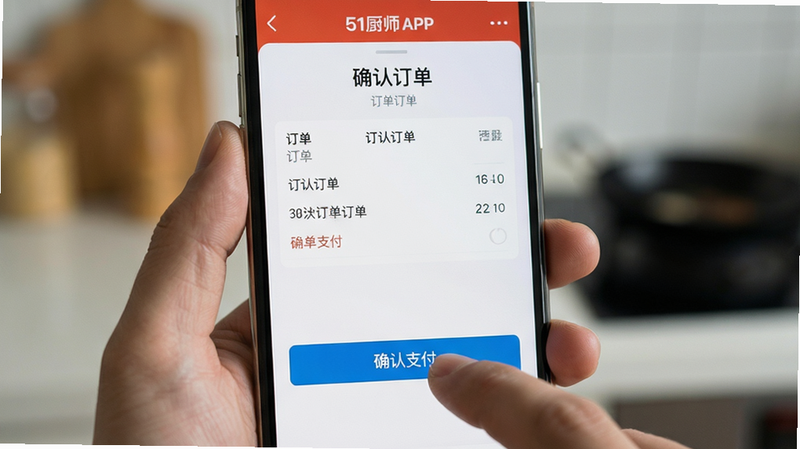 手机手持51厨师APP界面的特写,主体为手机屏幕显示的订单确认页,布局居中,风格生活化,细节显示手指点击“确认支付”按钮的动作,画质真实,背景虚化突出手机,文字“确认订单”清晰