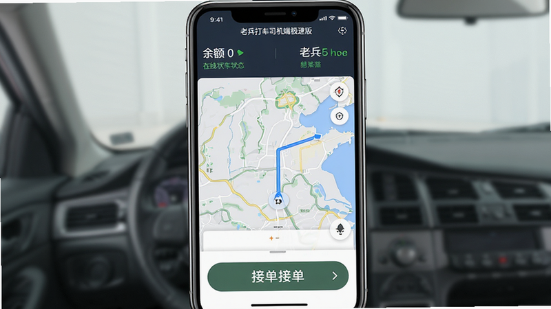 主体为手机界面展示老兵打车司机端极速版首页,布局清晰,顶部显示余额与在线状态,中部为地图导航区域,底部为接单大按钮,风格简约商务,细节清晰,画质高清,干净,无多余元素,文字包含