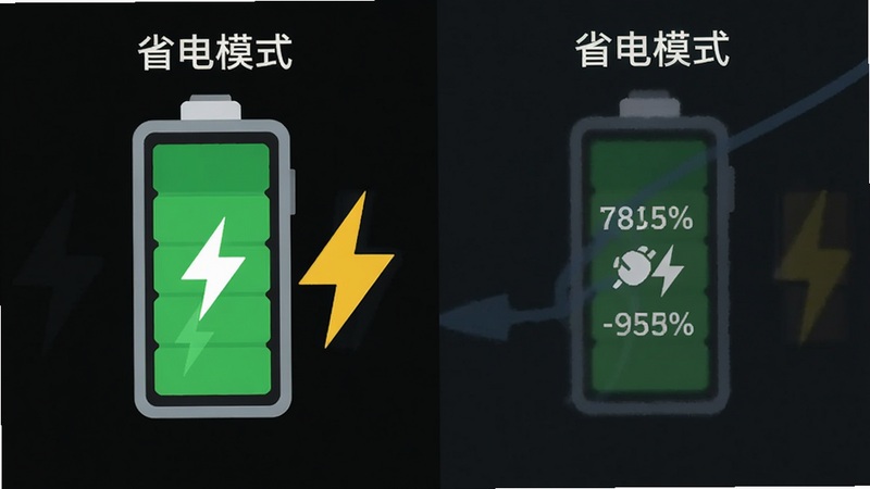 主体为手机电池图标充满电,旁边有闪电符号,布局左右对比,排版简洁,风格扁平化,细节展示电量百分比,画质明亮,干净,无多余元素,文字包含