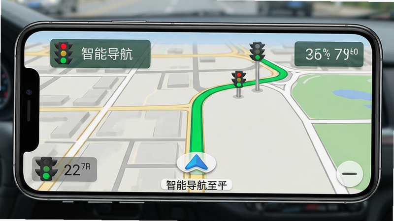 主体为手机屏幕显示导航地图,高亮显示绿色路线,布局全屏地图,排版清晰,风格写实,细节包含红绿灯图标与距离提示,画质清晰,干净,无多余元素,文字包含