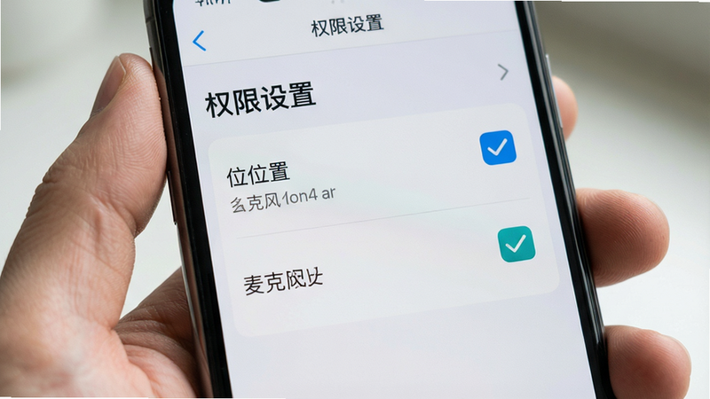 主体为手持手机展示权限设置界面,勾选位置与麦克风权限,布局特写镜头,排版聚焦,风格真实摄影,细节清晰显示勾选框,画质高,干净,无多余元素,文字包含