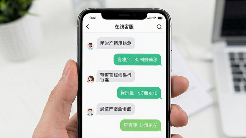 主体为手机界面显示客服聊天窗口,布局清晰,排版整齐,风格UI设计,细节显示对话气泡,画质清晰,干净,无多余元素,文字包含