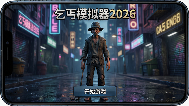 主体为《乞丐模拟器2026》安卓手机界面,布局为居中展示游戏主菜单,排版清晰,风格为写实3D渲染,细节包含一个穿着破旧衣物的乞丐角色站在雨中的城市街头,背景是霓虹闪烁的霓虹灯牌与湿滑的路面,画质高清,干净,无多余元素,文字包含