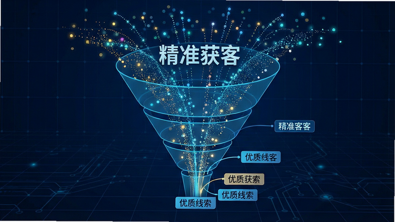 主体为数据流可视化图表,布局呈现漏斗状结构,上方为海量数据点,下方汇聚为少量优质线索标签,背景为深蓝色科技网格,风格极简主义,细节包含流动的光效粒子,画质超清,文字标签显示为“精准获客”