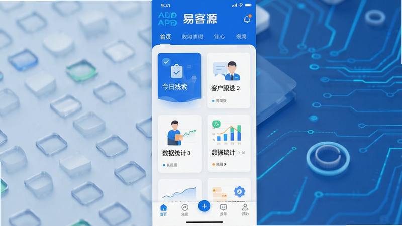 主体为易客源APP的界面全屏预览图,布局采用扁平化设计,顶部显示品牌Logo和导航栏,中部为核心功能模块卡片,包含“今日线索”、“客户跟进”、“数据统计”等图标,底部为导航标签栏。排版整洁有序,风格现代商务蓝白配色,细节处体现科技感线条,画质高清4k,干净无多余元素,文字需清晰显示为“易客源”