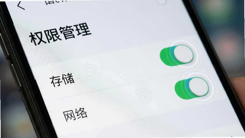主体为手机设置权限界面特写,布局聚焦于权限开关列表,高亮显示“存储”和“网络”选项,背景虚化,风格简洁直观,细节包含开关按钮的点击动效,画质清晰,文字清晰显示为“权限管理”