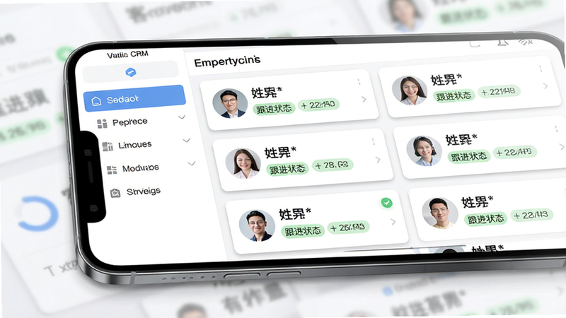 主体为移动端CRM界面模拟图,布局左侧为侧边栏菜单,右侧为详细客户列表卡片,每张卡片包含头像、姓名、跟进状态标签,风格清爽明亮,细节处有细微阴影增强立体感,画质精细,文字清晰显示为“客户跟进列表”