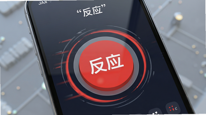 主体为一部现代智能手机,屏幕显示着名为“反应”的应用界面,界面中央有一个巨大的红色圆形按钮,周围环绕着动态的速度线条,布局简洁居中,排版清晰,风格为扁平化科技感设计,细节处包含细微的光影反射,画质高清,干净,无多余元素,文字内容包含引号内的“反应”字样
