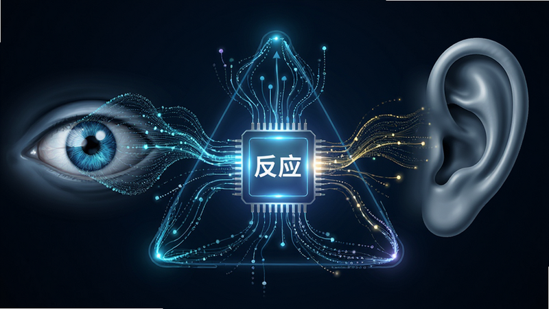 主体为抽象的神经信号传导示意图,左侧代表眼睛,右侧代表耳朵,中间汇聚指向一个发光的芯片,布局呈三角形结构,排版对称平衡,风格为未来主义科技风,细节包含流动的数据粒子,画质清晰,干净,无多余元素,文字内容包含引号内的“反应”字样
