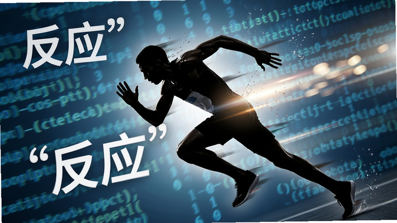 主体为一个正在奔跑的运动员剪影,背景是模糊的数字流代码,布局动态倾斜,排版充满速度感,风格为动感写实与数字艺术结合,细节包含汗水飞溅与光影拖尾,画质细腻,干净,无多余元素,文字内容包含引号内的“反应”字样