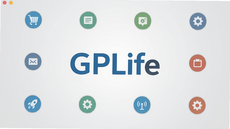 GPLife ����������չʾ�����ñ�ƽ����ƣ�������ʾ GPLife logo����Χ���Ƽ��Ĺ���ͼ�꣬����Ϊǳ��ɫ���䣬����ִ���Լ��������ˮӡ���ɾ��޶���Ԫ��