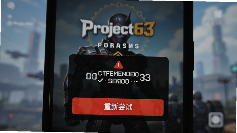 手机屏幕显示错误代码弹窗,下方有红色的“重新尝试”按钮,背景为Project63游戏加载界面,画面略带模糊以突出错误提示,警示风格,清晰可见,无其他干扰元素