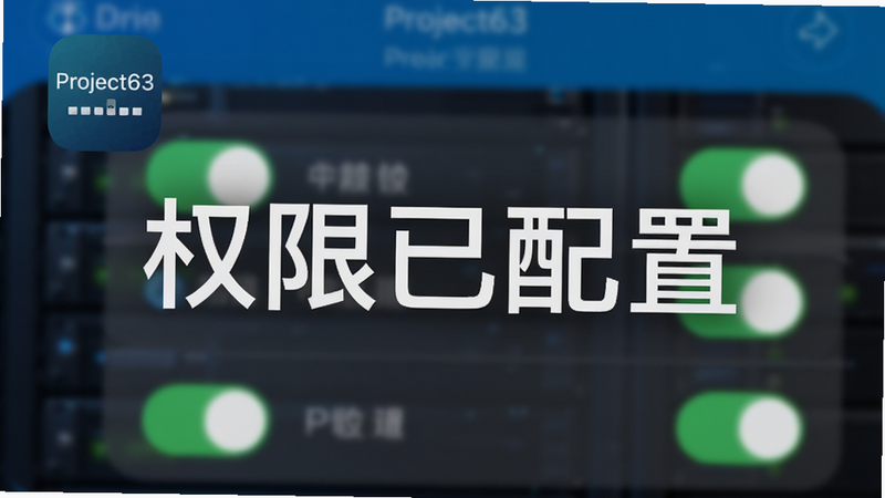 手机设置界面截图,显示多个权限开关被点亮为绿色,旁边有Project63的图标,背景模糊处理突出前景文字“权限已配置”,整体色调为科技蓝与深灰,简洁明了,高分辨率,无杂乱元素