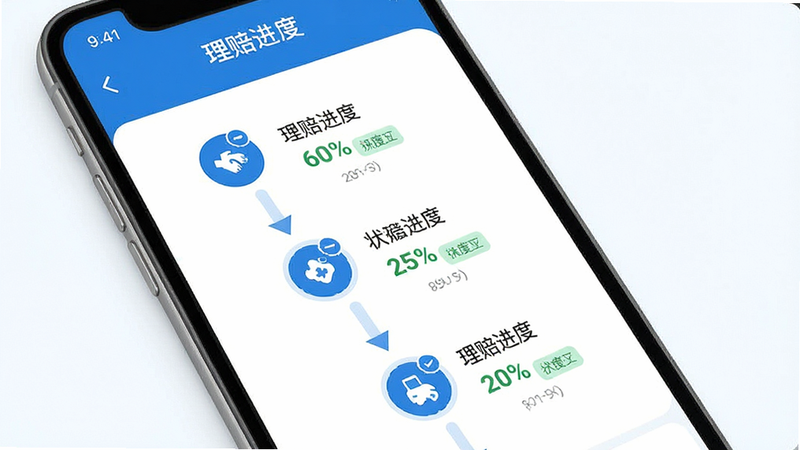 主体为汇e保APP理赔流程界面,布局为垂直步骤条设计,排版逻辑清晰,风格为专业医疗蓝白配色,细节包含步骤图标、进度百分比、状态文字标签,画质清晰,干净无杂乱背景,文字显示“理赔进度”