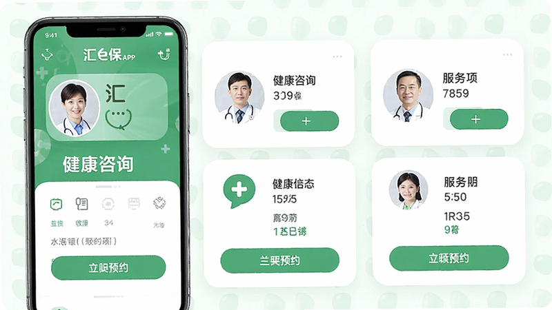 主体为汇e保APP健康服务模块,布局为卡片式列表,排版美观大方,风格为清新绿色医疗风,细节包含医生头像、服务项目图标、预约按钮,画质细腻,干净无干扰元素,文字显示“健康咨询”