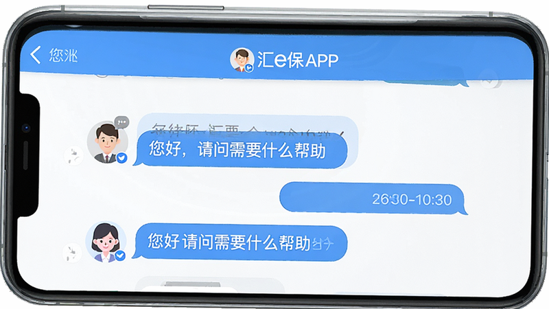 主体为汇e保APP在线客服对话界面,布局为聊天气泡样式,排版自然流畅,风格为友好蓝色调,细节包含用户头像、客服头像、消息气泡、时间戳,画质清晰,干净无多余装饰,文字显示“您好,请问需要什么帮助”
