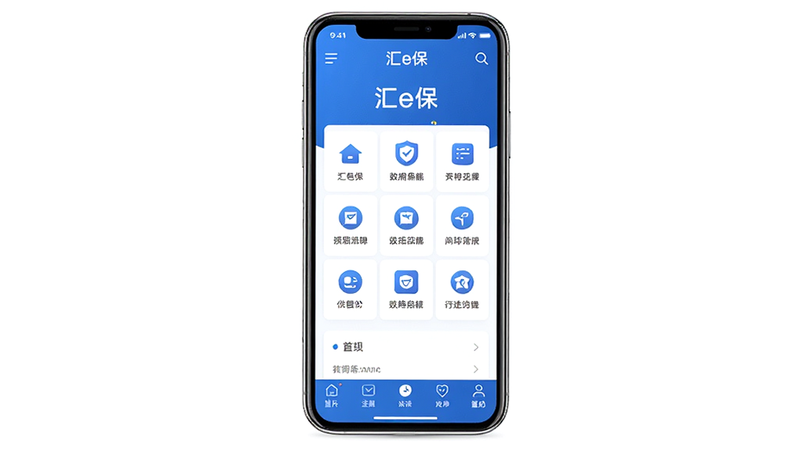 主体为汇e保APP手机端界面展示,布局采用居中对称设计,排版清晰简洁,风格为现代商务科技蓝,细节包含顶部导航栏、核心功能图标网格、底部菜单栏,画质高清,干净无多余元素,文字显示“汇e保”