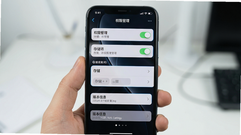 主体为手机设置界面截图,布局为垂直列表,排版清晰,风格为简约科技感,细节包含权限管理开关、存储选项、版本信息,画质清晰,干净无水印,文字显示“权限管理”