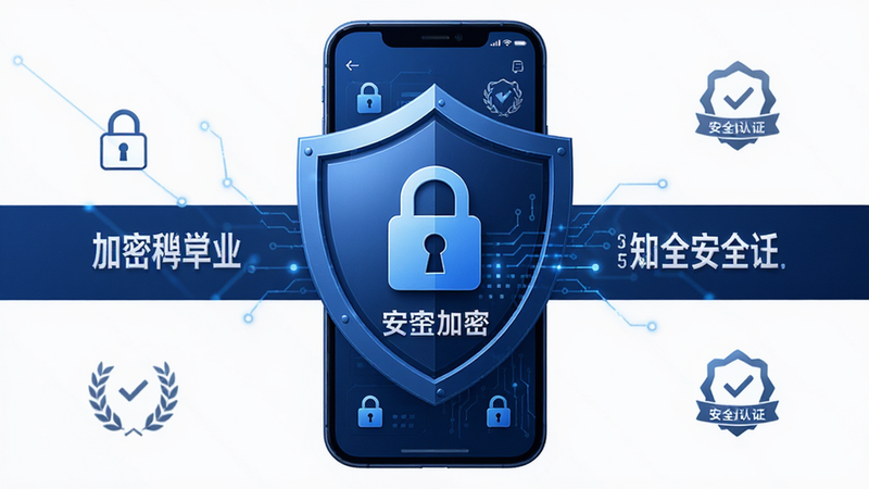 主体为安全盾牌图标与手机界面结合,布局为中心对称,排版简洁有力,风格为深蓝科技风,细节包含锁形图标、加密算法文字、安全认证标志,画质高清,干净无杂乱背景,文字显示“安全加密”