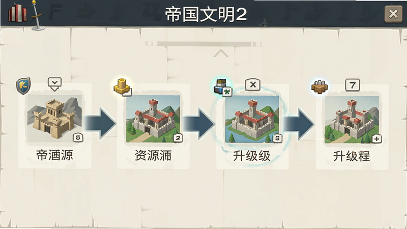 主体为《帝国文明2》新手教程界面,布局为分步引导箭头,显示资源建筑升级流程,排版简洁,风格为扁平化设计,细节包含图标高亮与步骤编号,画质清晰,干净,无多余元素