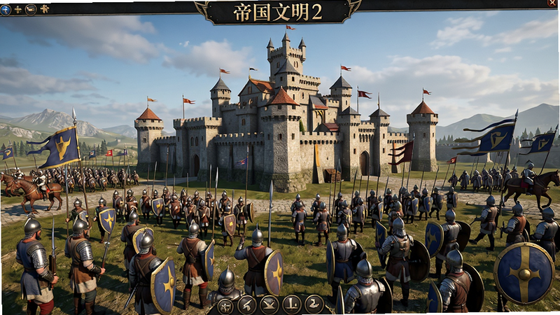 主体为《帝国文明2》游戏主界面全景,布局为横屏视角,中心显示宏伟的城堡与周围展开的军队,排版清晰,风格为写实史诗风,细节包含士兵装备纹理与建筑光影,画质高清,干净,无多余元素