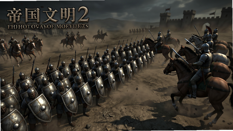 主体为《帝国文明2》战斗场景,布局为动态构图,显示步兵方阵与骑兵侧翼包抄,排版紧凑,风格为暗黑史诗风,细节展示盾牌反光与尘土飞扬,画质极高,干净,无多余元素