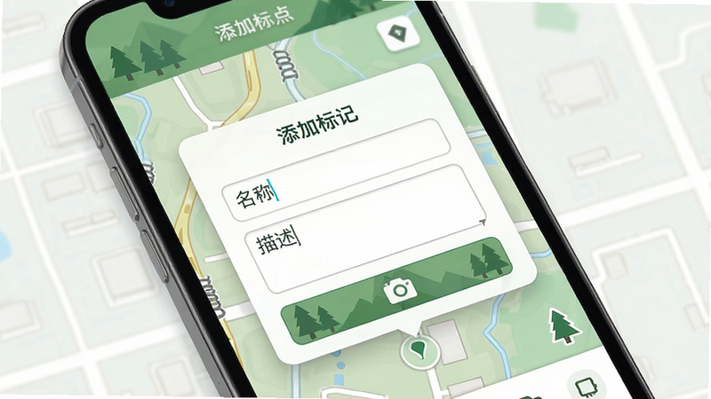 生成一张图步APP添加兴趣点功能的界面图,主体是手机屏幕,显示在地图上点击某个点弹出添加框,包含名称输入、描述输入和拍照按钮,布局紧凑,风格为清新户外风,细节显示图标和输入框,画质清晰,干净,无多余元素,文字内容'添加标记'