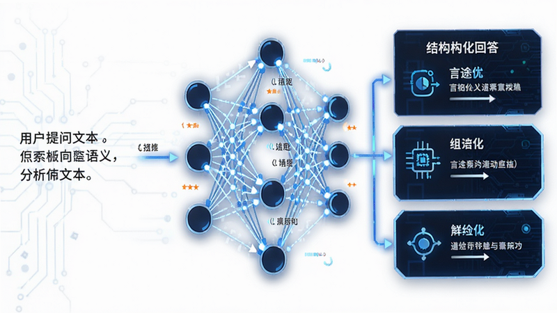 展示“言途”语义分析过程的示意图,左侧为用户提问文本,中间是复杂的神经网络节点连接图,右侧是结构化回答卡片,背景为白色,线条清晰,科技感强,高清晰度