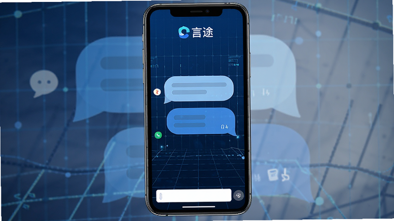 一张展示“言途”应用主界面的高清图片,屏幕中央显示对话气泡,背景为深蓝色科技网格,界面顶部有“言途”Logo,底部是输入框,整体风格极简、现代、扁平化,4k分辨率,无多余装饰