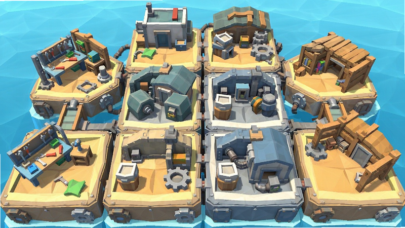 ����Ϊ Adrift ��Ϸ�ڵĻ��ؽ�����棬����չʾ�ɶ������ģ��ƴ�ӳɵĺ���ƽ̨��ƽ̨�Ϸֲ��Ų�ͬ�Ĺ��ܽ����繤��̨�Ͳֿ⡣�Ű��������򣬷��Ϊ�Ͷ���Σ�Low Poly���������ϸ��չʾģ�����Ӵ��Ļ�е�ṹ����������ͨ͸���ɾ��޶���Ԫ��